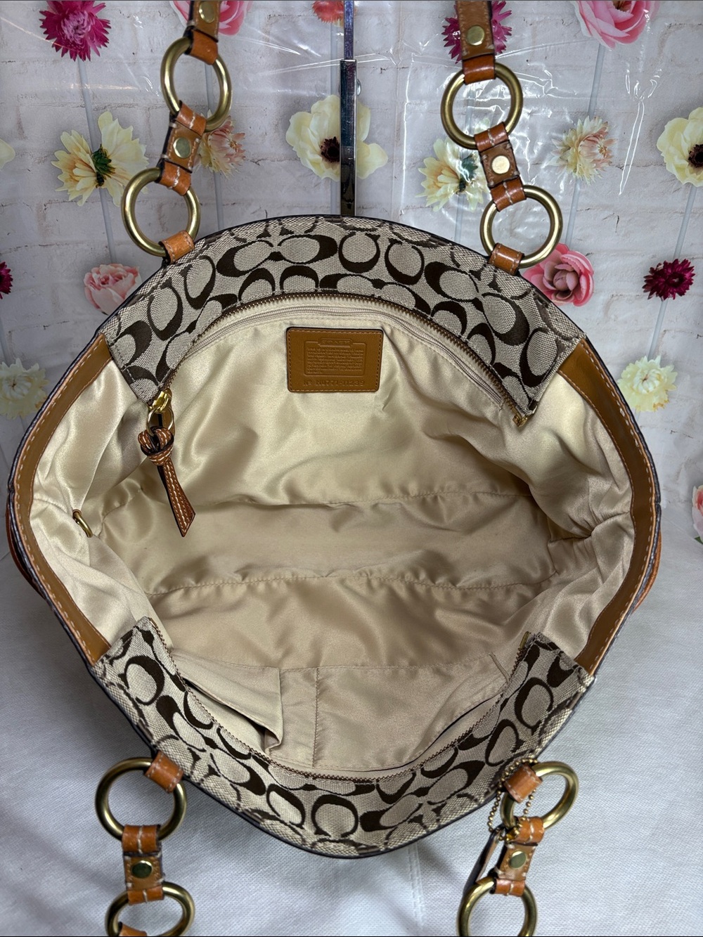 2007 Coach Brass Turnlock Buckle Straps Signature Canvas Camel Leather 15x11x4 - Picture 10 of 15